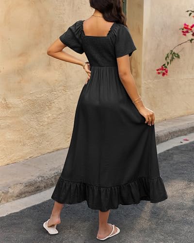 Image of BTFBM Womens Summer Dresses 2026 Casual Short Sleeve V Neck Drawstring Wedding Guest Maxi Dresses Boho Beach Long Dress