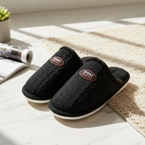 Image of VRITRAZ Men's Plush Winter Slippers | Soft Furry Lined Indoor Slides | Warm Comfortable Anti-Slip Home Footwear