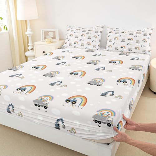 Excavator Tractor Fitted Sheet Full Size,Boho Rainbow Stripes Bedding Set 3Pcs for Teens Women Bedroom Decor,Kids Construction Cartoon Car Bed Sheets Deep Pocket Sheet,2 Pillowcases