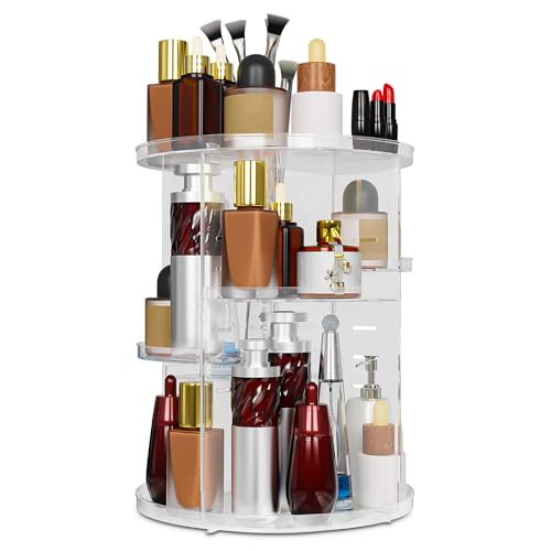Organizador de Maquillaje Giratorio 360°, Makeup Organizer, Multifuncional y Ajustable, Organizador Maquillaje de Cosméticos y Perfumes para Tocador, Dormitorio, Baño, Gran Capacidad, Transparente