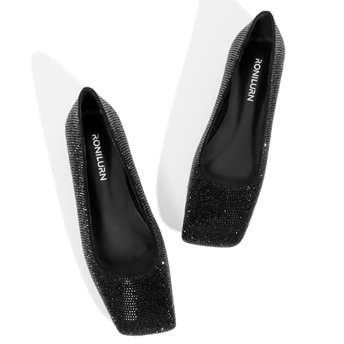 Image of Flats for Women Rhinestone Square Toe Glitter Sparkly Comfortable Dress Bridal Ladies Wedding Shoes