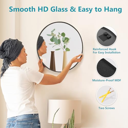 Fabuday Black Round Bathroom Mirror for Wall Decor - 24 inch Circle Wall Mirrors Decorative for Bathroom, Entryway, Vanity, Living Room, Hallway, Big Matte Black Metal Frame Mirror
