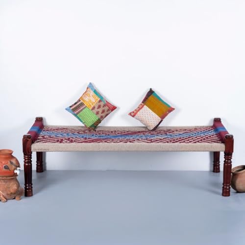 Image of Solid Sheesham Wood Charpai Khat Bed | Wooden Khatiya Charpai Desi | Handcrafted Khatiya Bed with Cotton Rope | Strong Khat for Indoor & Outdoor Use | 6X3 Feet | Dori 2 Wine Blue