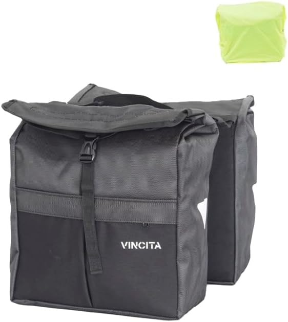 Vincita New Top Load Double Pannier Water Resistant Cycling Side Bags - with Rain Cover, Large, Carrying Handle, Reflective Spots - Bike Rack Carrier Saddle Bag - Bicycle Accessories (2 Tone Grey)