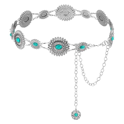 Prasacco Turquoise Belt for Women Western Belt Metal Concho Belts Western Chain Cowgirl Belts for Dresses Jeans Country Concert Outfit