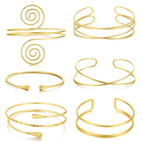BROCC 6pcs Gold Arm Cuff Bracelet Set for Women Adjustable Coil Swirl Upper Cuff Bracelet Jewelry