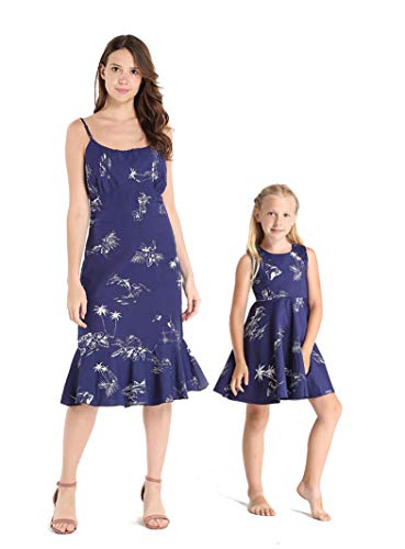 Matching Hawaiian Luau Mother Daughter Mermaid Dress and Vintage Dress in Classic Map Flamingo Fish Navy M-12