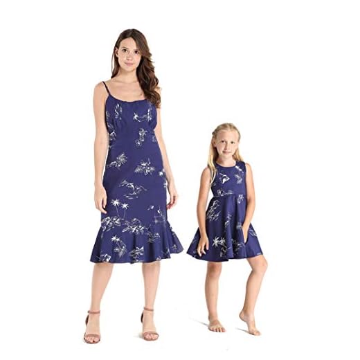 Matching Hawaiian Luau Mother Daughter Mermaid Dress and Vintage Dress in Classic Map Flamingo Fish Navy M-12