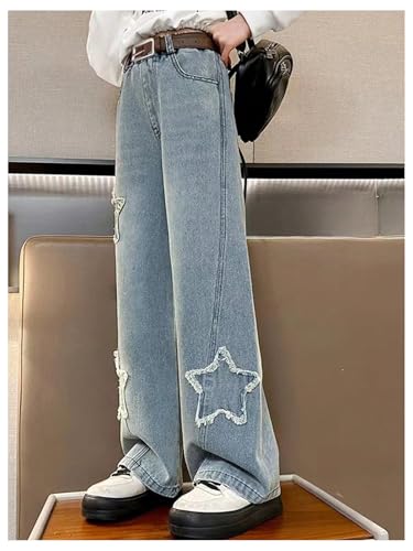 OYOANGLE Girl's Ripped Pattern Straight Leg Jeans Elastic High Waist Y2K Denim Pants with Pocket4