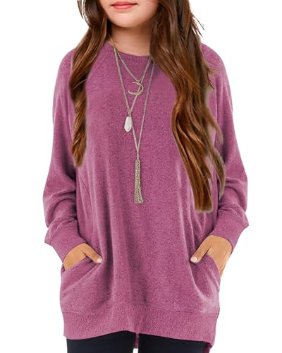 Image of Girls Shirts for 6-13 Years Long Sleeve Crewneck Tops with Pockets