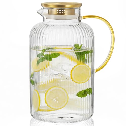 Image of Bivvclaz 3 Liter 101 oz Stripes Gold Glass Pitcher with Lid and Handle
