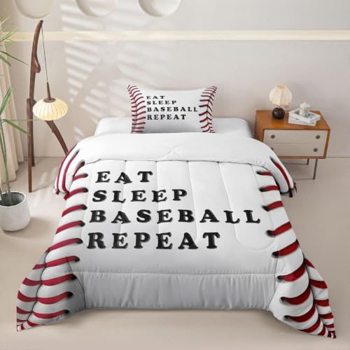 Image of Feelyou Baseball Comforter Set Twin Size Ball Pattern Bedding Set for Kids Boys Girls Eat Sleep Sports Theme Duvet Quilt Bedroom Decor Microfiber 2 Pcs with 1 Pillow Case