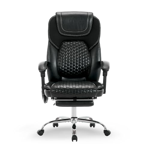 MALOL Massage Office Chair with Heat and Footrest, 300 lbs Easy Assembly Leather Desk Chair -3-Level 65°C Targeted Heating, Big and Tall Executive Computer Chair with Side Pocket, Black
