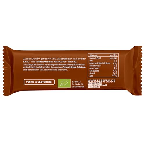 Lebepur Bio Energieriegel Brownie 15x50g | veganer Riegel auf Dattelbasis | Cashewkerne, Cashewmus, Kakao | ohne Zuckerzusatz | Rohkostriegel glutenfrei | laktosefrei | Power Bar | Großpackung