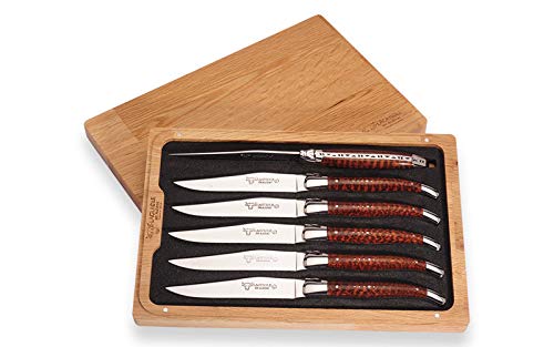 Laguiole en Aubrac Luxury Fully Forged Full Tang Stainless Steel Steak Knives 6-Piece Set with Amourette Snakewood Handle Stainless Steel Shiny Bolsters