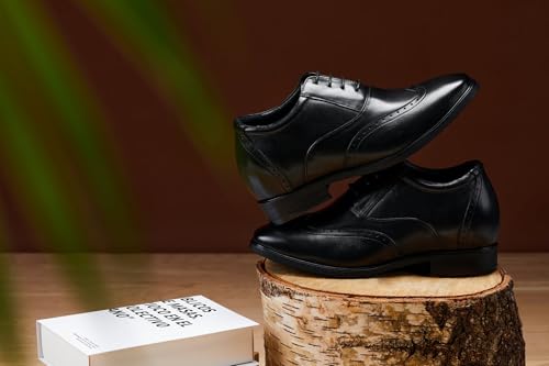 Image of CALTO Men's Invisible Height Increasing Elevator Shoes - Black Leather Lace-up Brogue Wing-tip Oxfords - 3.2 Inches Taller - G51123 - Size 9.5 D(M) US