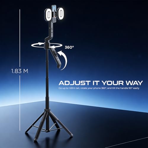 Image of LENYES LPH119 AI Face Tracking Selfie Stick Tripod with Dual Ring Light Port, 360 Rotation, 1.83M Adjustable Stand, Gesture Control & Wireless Remote for iPhone, Android, YouTube, Instagram Vlog