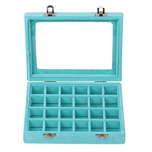 Ivosmart 24 Section Velvet Glass Jewelry Ring Display Organiser Box Tray Holder Earrings Storage Case (Black) (24 Section (Light Blue))