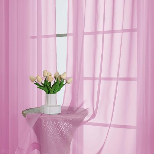 Image of Chyhomenyc Pink Sheer Curtains 96 Inches Long 2 Panels, Light Filtering Pink Curtains for Living Room, Soft Gentle Voile Rod Pocket Bedroom Window Drapes, 59Wx96L Inch, 2PCS
