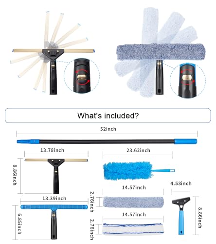 Image of Swivel Squeegee Kit with 4 Extension Poles,Glass Scraper, Bendable Duster, 2 Window Scrubber Cloth for Glass, Car, Floor, Home,Garden