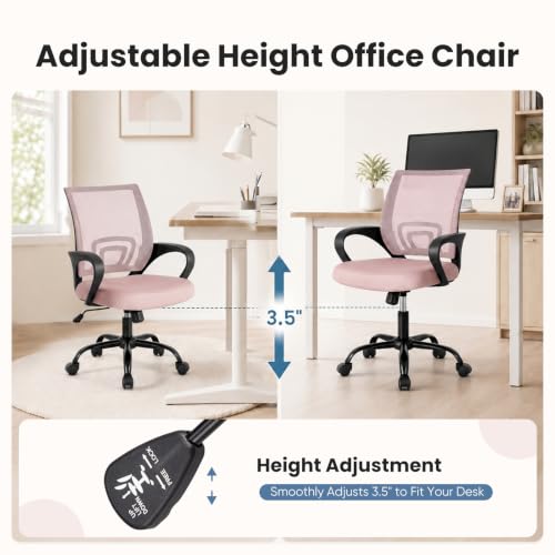Image of DUMOS Ergonomic Home Office Chair, Executive Mesh Desk Chair | Height Adjustable, Lumbar Support, Breathable Mid Backrest, Fixed Armrest, Rolling Wheels, Computer Gaming, Meeting, Pink