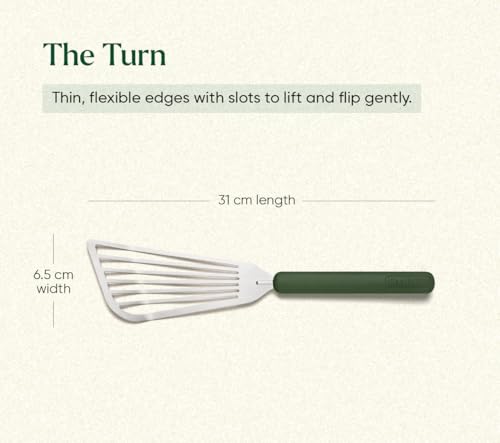 Image of Ember Cookware Stainless Steel Turner 31 cm | Oil Draining Design | Thin Slotted Steel Spatula for Precision Flipping | Flexible Head | Heat Resistant Silicone Handle | Green