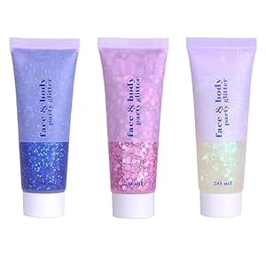 3 Color Face Glitter Gel, Body Glitter, Neon Outfit Glow Party, for Women Face Body Glitter Makeup. (01#Blue+ 03#Pink+06#White)
