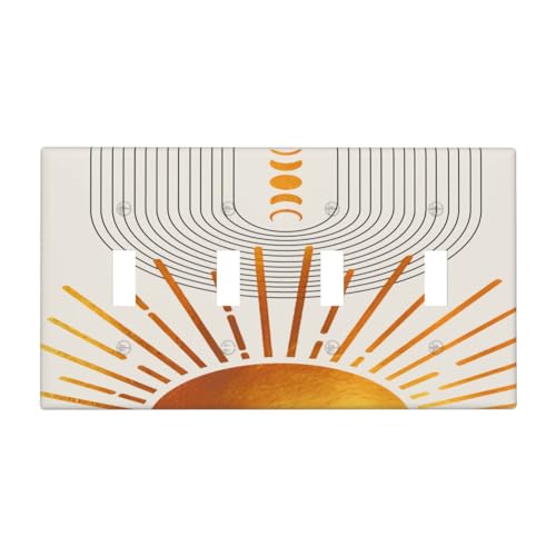 Decorative Light Switch Plate Covers Bohemian Gold Sun Moon Phase Arch 4 Gang Light Switch Cover Plate Quad Toggle Wall Plate Switch Plate Cover for Bedroom Home Decor