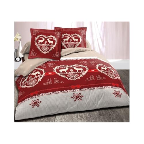 Alpes Blanc - Housse de Couette 200x200 Chalet Winter Rouge + 2 taies Pur Coton
