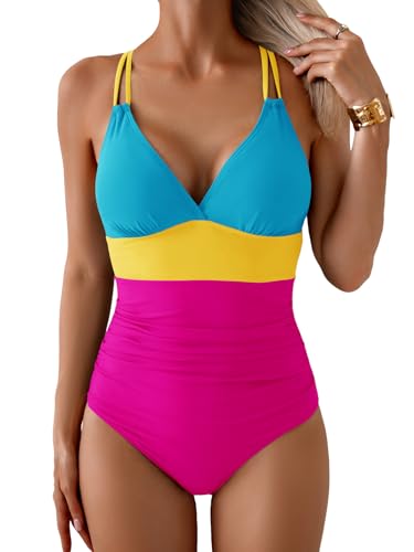 Image of Aidonger Women's One Piece Color Block Swimsuit Tummy Control Slimming Bathing Suit V Neck Cutout High Waisted Swimwear