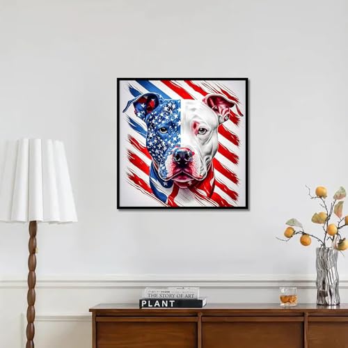 Image of 4th of July DIY 5D Diamond Painting Kits for Adults, American Flag Pitbull Dog Diamond Art Kits for Beginners, Full Drill Round Diamond Painting Independence Day Patriotic Wall Decor 13.8x13.8 Inch