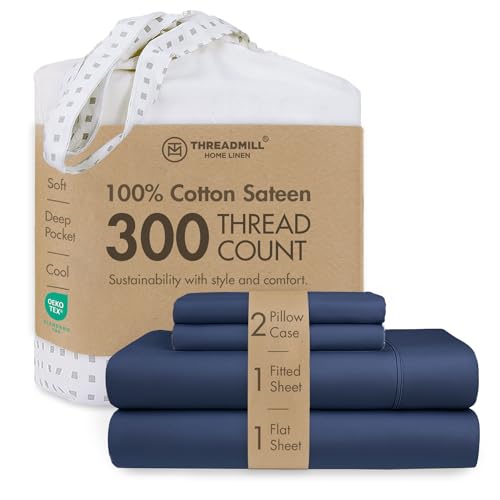 Image of Threadmill 300TC Cotton Full Sheet Set, Sateen, Solid, Folkstone Blue | 100% Cotton, Sateen Weave, 4-Piece Set, 16 inch Deep Pocket, All-Around Elastic, Cooling, Breathable, OEKO-TEX Certified