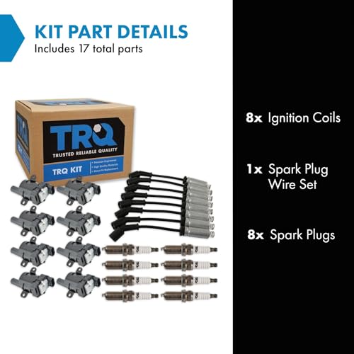 TRQ Ignition Kit Ignition Coil Spark Plugs Wire Set 17 Piece Compatible with 99-07 Chevrolet Silverado 1500 V8 4.8L 5.3L 6.0L 99-06 GMC Sierra 1500 V8 4.8L 5.3L 6.0L ROUND STYLE COIL ONLY by TRQ - Image 2
