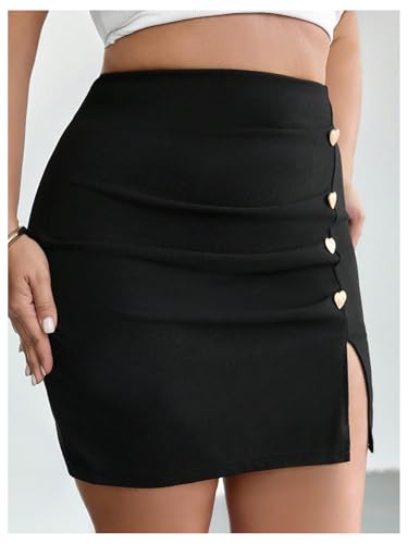 WDIRARA Women's Plus Size Ruched Bodycon Skirt High Waisted Button Split Hem Short Skirts3