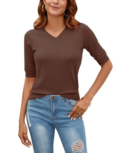 Image of Women Summer Knit Shirt Blouse V Neck Short Sleeve Pullover Sweater Tops