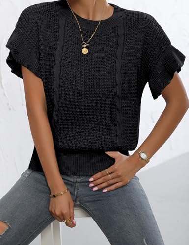 Image of Womens Short Sleeve Sweaters Ruffle Crewneck Pullover Sweater 2025 Casual Lightweight Summer Tops