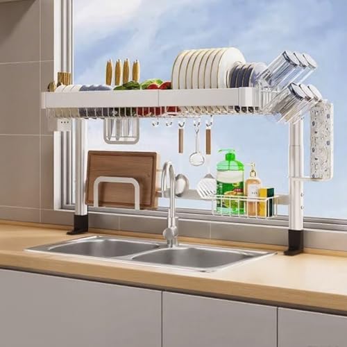 Escurridor de platos de acero inoxidable para fregadero, escurridor de encimera de cocina expandible de dos niveles con almacenamiento de gabinete