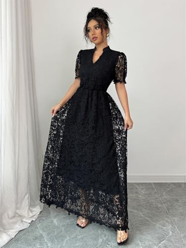 Women's Floral Lace Short Sleeve V Neck Swing Hem Layered Fairy Wedding Bridesmaid Cocktail Maxi Dress4