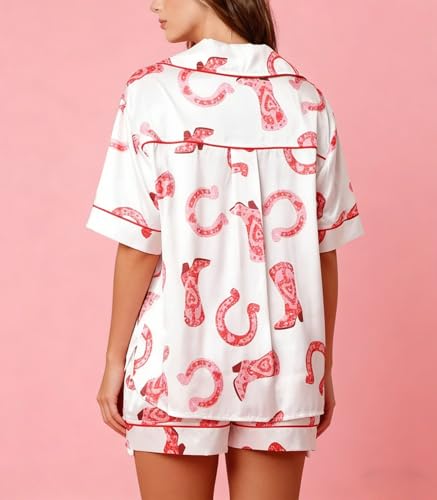 Image of Yiulangde Cowboy Boot Pajamas For Women Cute Silk Satin Preppy Pjs Shorts Y2k Printed 2 Piece Button Down Pajama Shirts Sets, Small, White-horseshoe