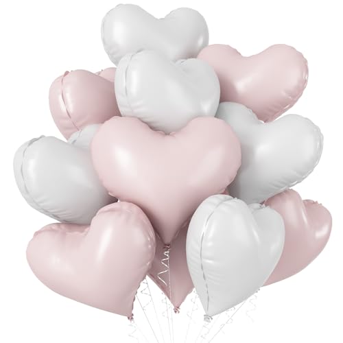 Pink White Heart Balloons, 20 Inch White Baby Light Pink Foil Mylar Heart Shaped Balloons 10 Pcs Dusty Pink Large Helium Balloon for Girls Women Birthday Decorations Bridal Baby Shower Wedding