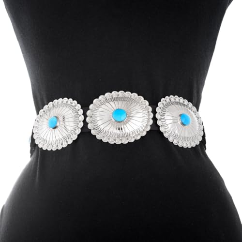 Genuine Sleeping Beauty Turquoise Silver Concho Belt Navajo Hammered Patterns on Genuine Leather 10022