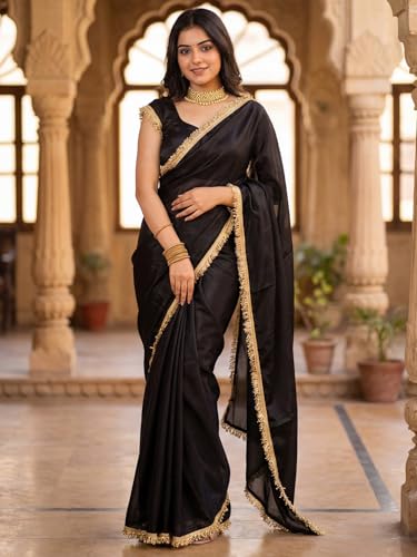Image of AKHILAM Women's Shimmer Net Solid Saree With Unstitched Blouse Piece