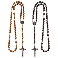 JOZMMZEOOA 2 Pièces Collier Chapelet Croix Catholique,Chapelet Catholique avec Croix Médaille Jésus Christ Saint Benoît Perles de Prière en Bois Naturel,Chapele Religieux,pour Communion,Baptême,Messe
