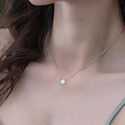 KristLand - S925 Sterling Silver Round Opal Necklace for Women Dainty Simple Minimalist Heart Pendant Chain for Women Gift Round Opal White by KristLand - Used condition - Image 2