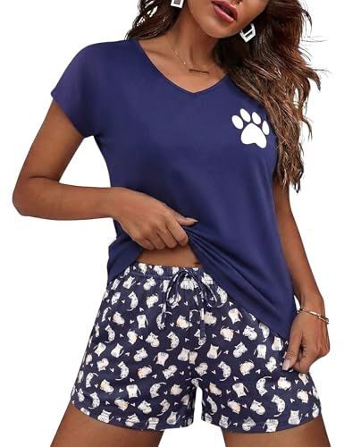 Jahetuul Pyjama Femme Coton à Col en V Ensembles de Pyjama Femme à Manches Courtes avec Short avec Imprimé Chat et Poches Pyjamas Short Douce Confortable