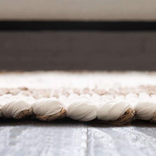 Image of Unique Loom Chindi Jute Collection Casual, Modern, Bohemian, Border Area Rug (2' 2 x 6' 0 Runner, White /Natural)