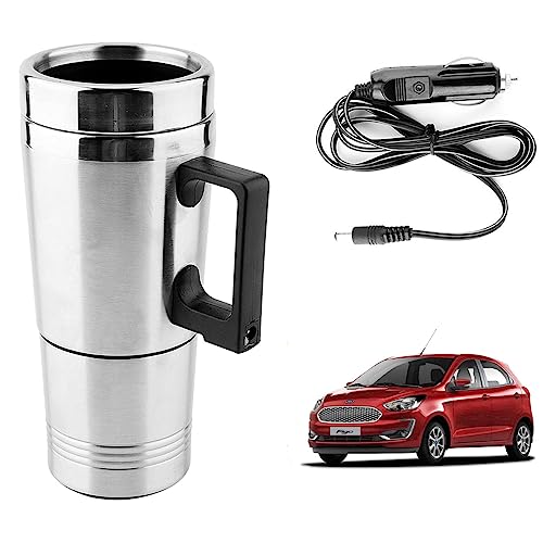 Image of Oshotto 12V Stainless Steel Car Heating Kettle /Mug, Travel Friendly electric Tea /Coffee maker Compatible with ford Figo (300ml) - Silver