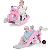 Costzon 5 in 1 Toddler Slide Rocking Toy, Slide for Kids with Detachable Stool, Basketball Hoop and Ring Game, Foldable Climber Playground Slide for Both Indoors Outdoor Use (Pink Penguin)