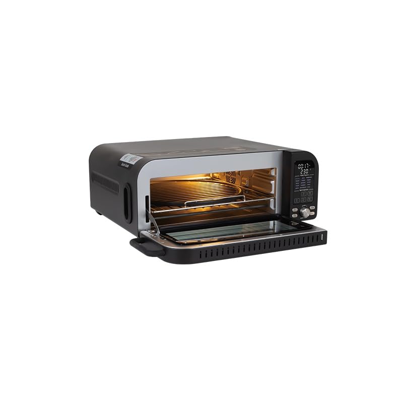 Horno de pizza eléctrico, 2000 W, 18 l, mini horno con freidora de aire caliente, piedra para pizza y accesorios, digital, 15 funciones, negro/oro rosa