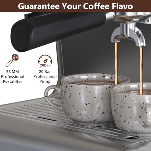 Acekool 20 Bar Espresso Machines with Grinder, Professional Espresso Maker with Removable Water Tank, Milk Frother Steam Wand for Latte&Cappuccino (Silver)